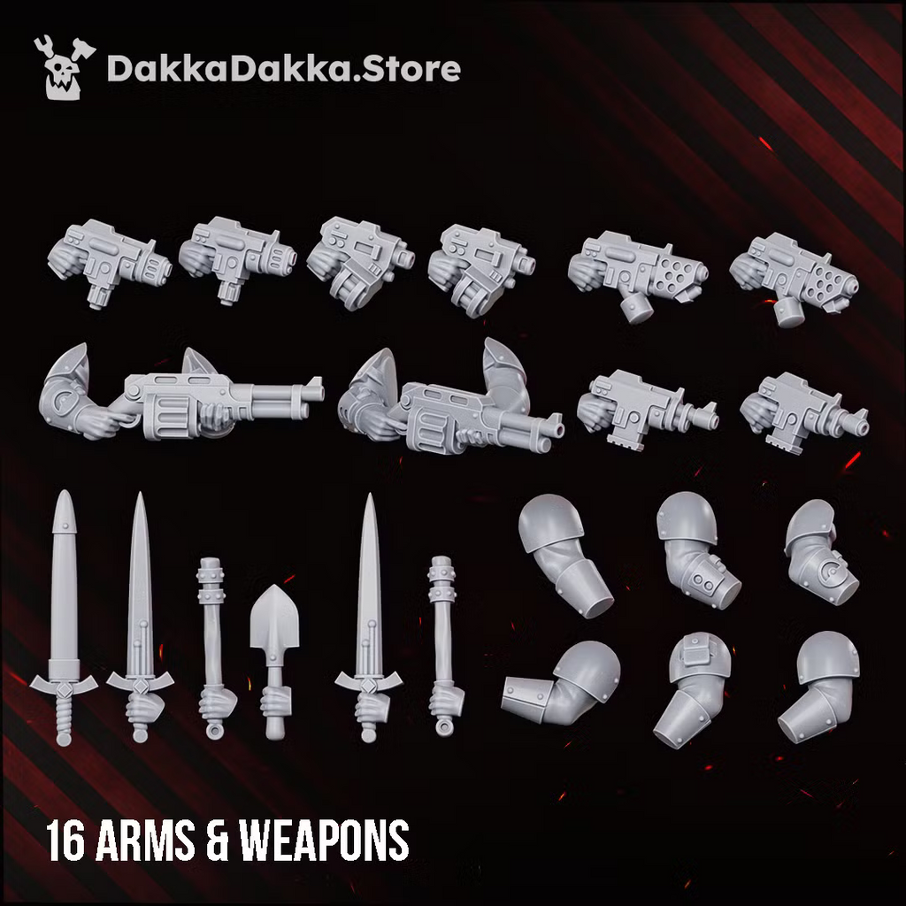 Sixteen modular arms and weapons for the Doomsday Corps of Engineers build kit, including firearms, heavy weapons, swords, and engineering tools.