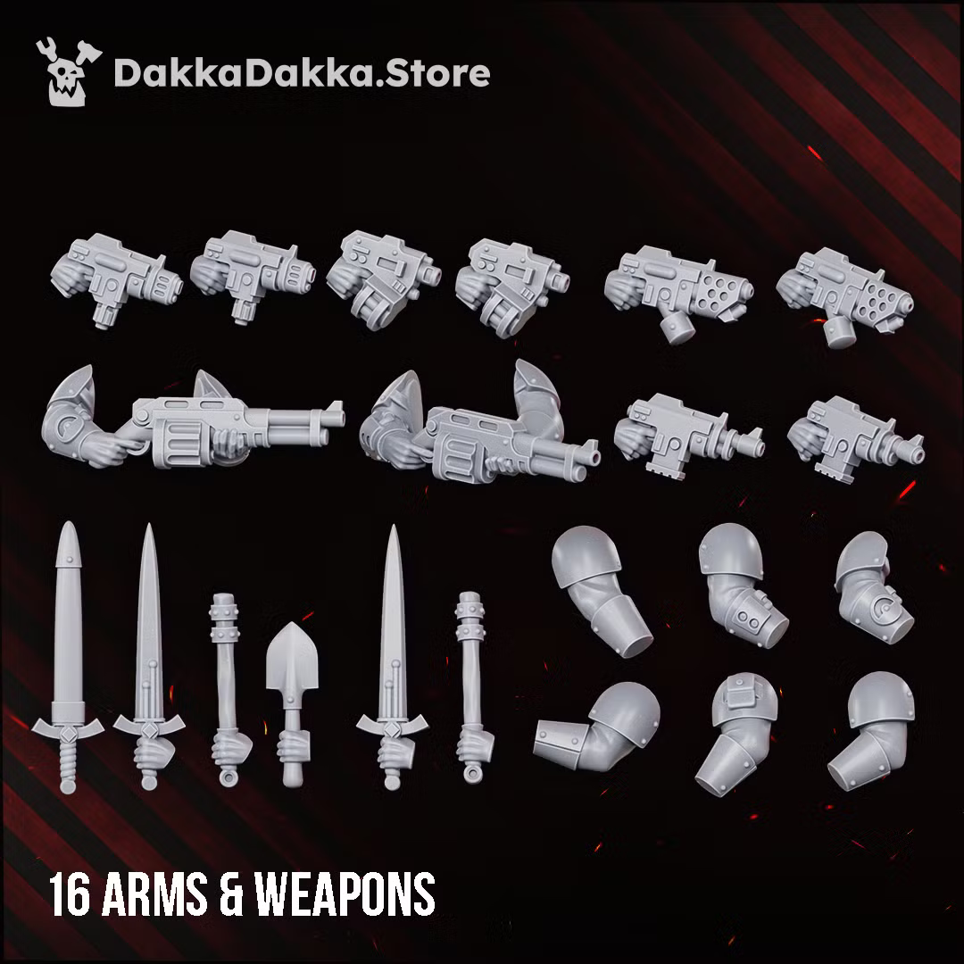 Sixteen modular arms and weapons for the Doomsday Corps of Engineers build kit, including firearms, heavy weapons, swords, and engineering tools.