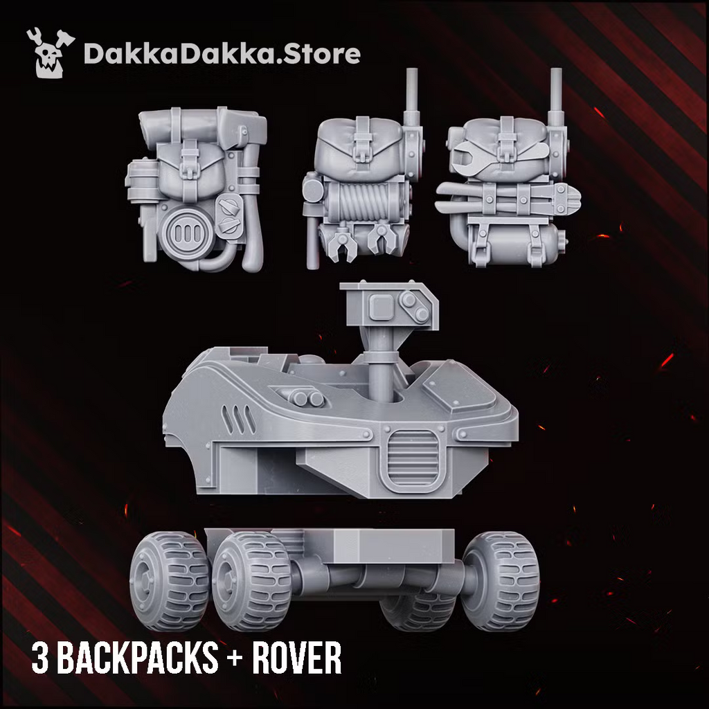 Three modular backpacks and a small wheeled rover for the Doomsday Corps of Engineers build kit.