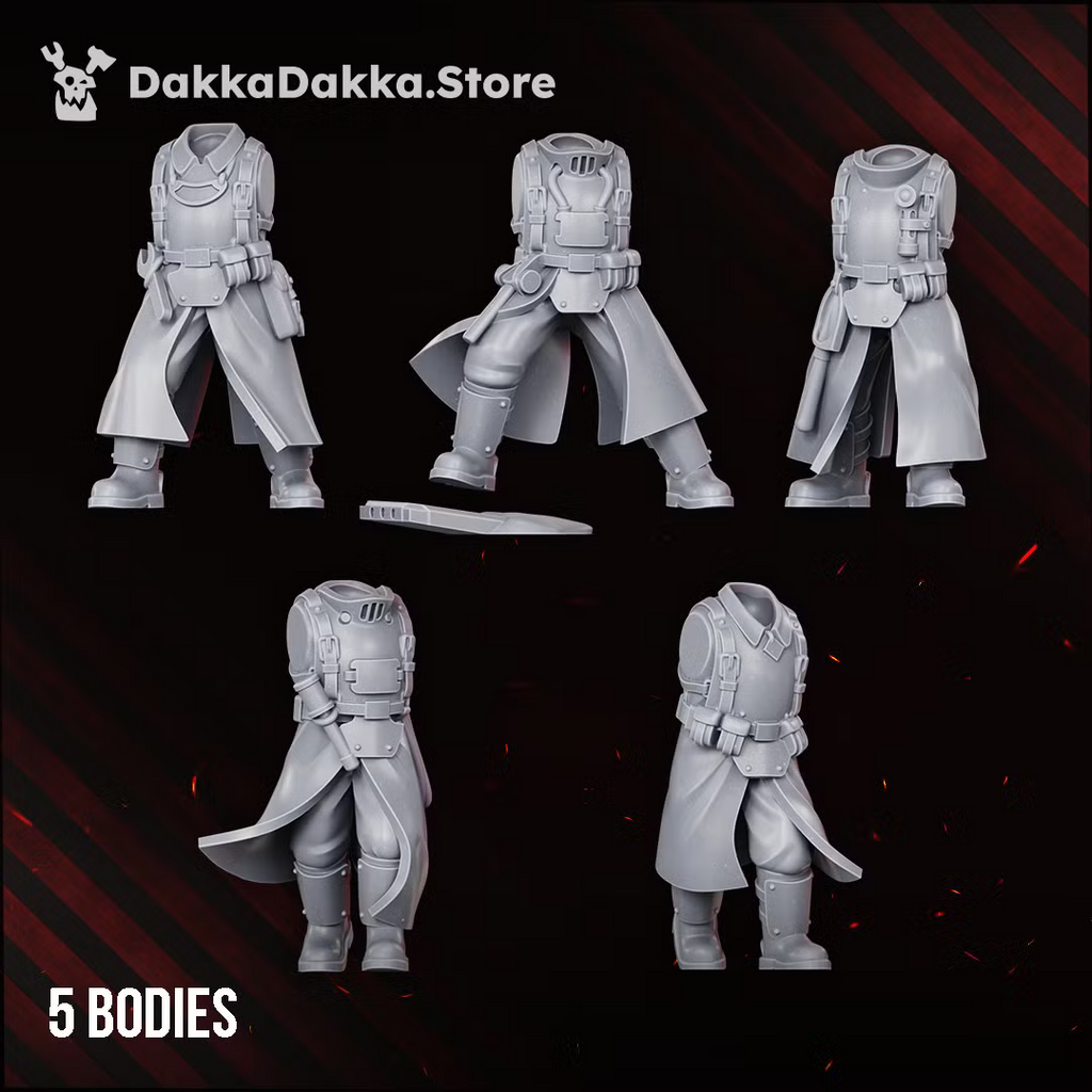 Five modular bodies for the Doomsday Corps of Engineers build kit, showing varied armored coats and poses.