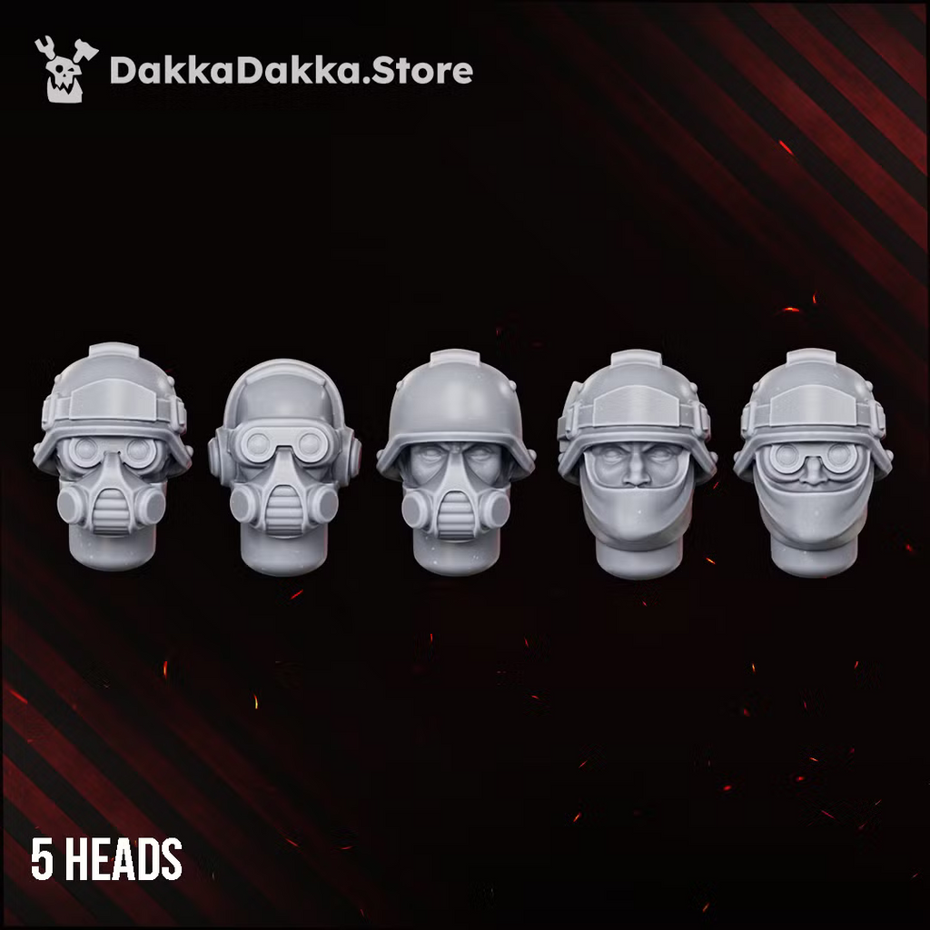 Five modular helmeted and masked heads for the Doomsday Corps of Engineers build kit.