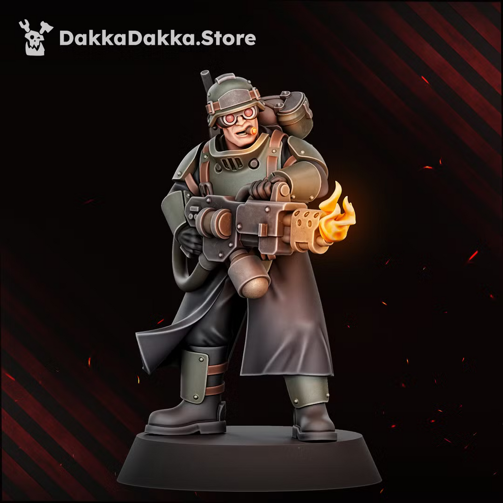 Painted Doomsday Corps Engineer monopose miniature carrying a flamethrower-style heavy weapon.