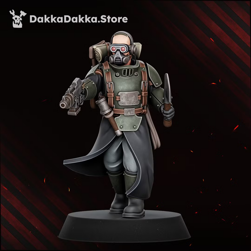 Painted Doomsday Corps Engineer monopose miniature with a two-handed sci-fi firearm, helmet, and field pack.