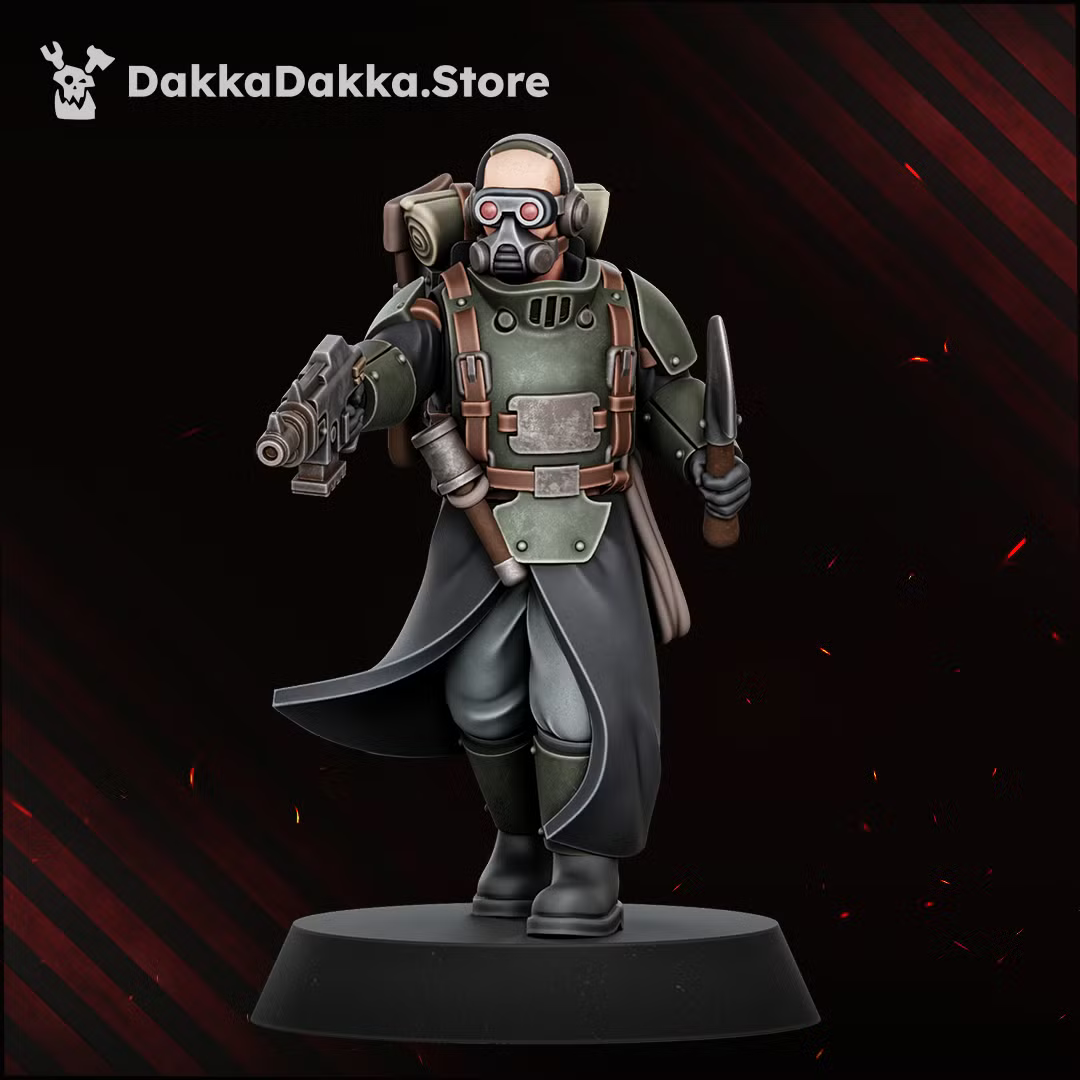 Painted Doomsday Corps Engineer monopose miniature with a two-handed sci-fi firearm, helmet, and field pack.