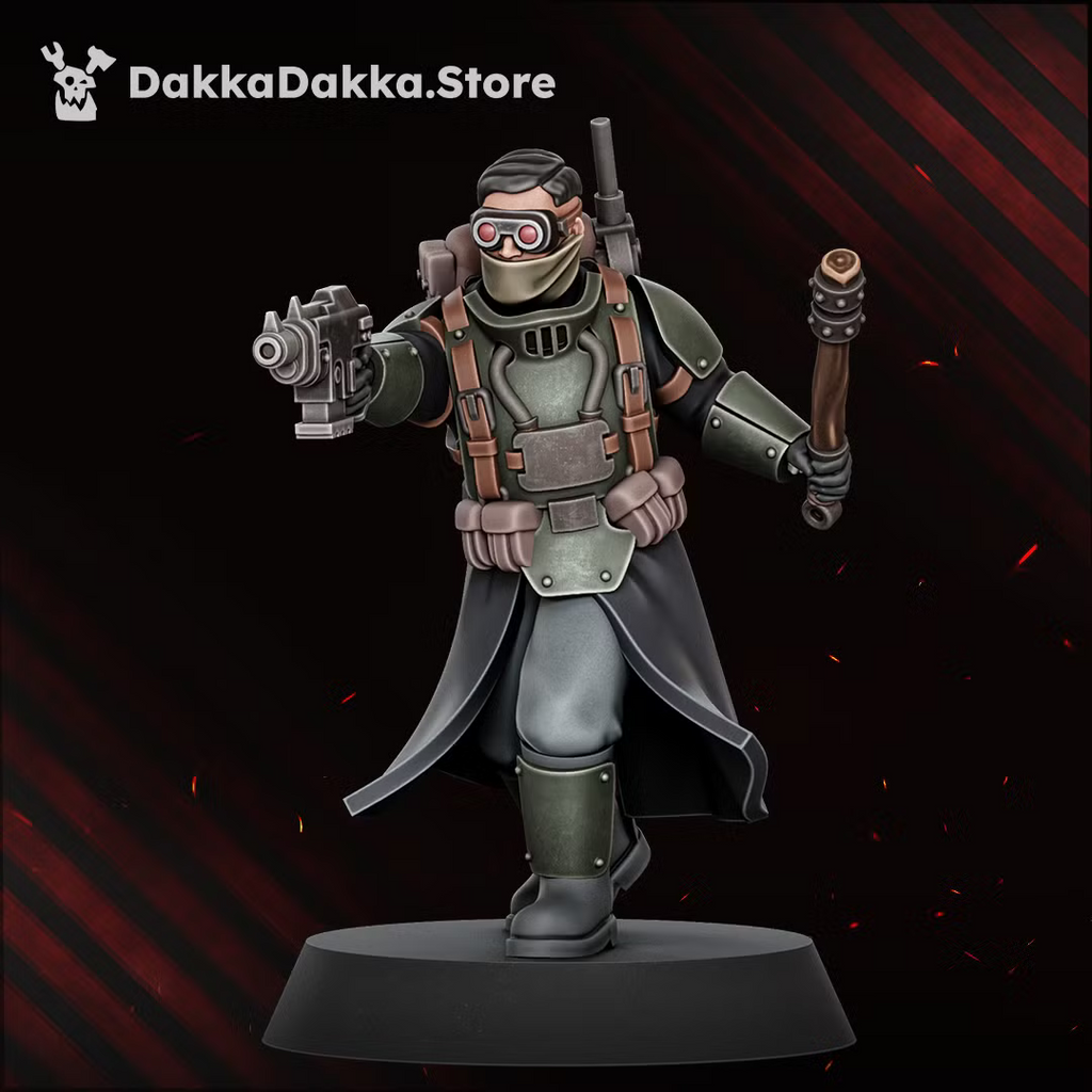 Painted Doomsday Corps Engineer monopose miniature with compact firearm, hand tool, goggles, and field gear.