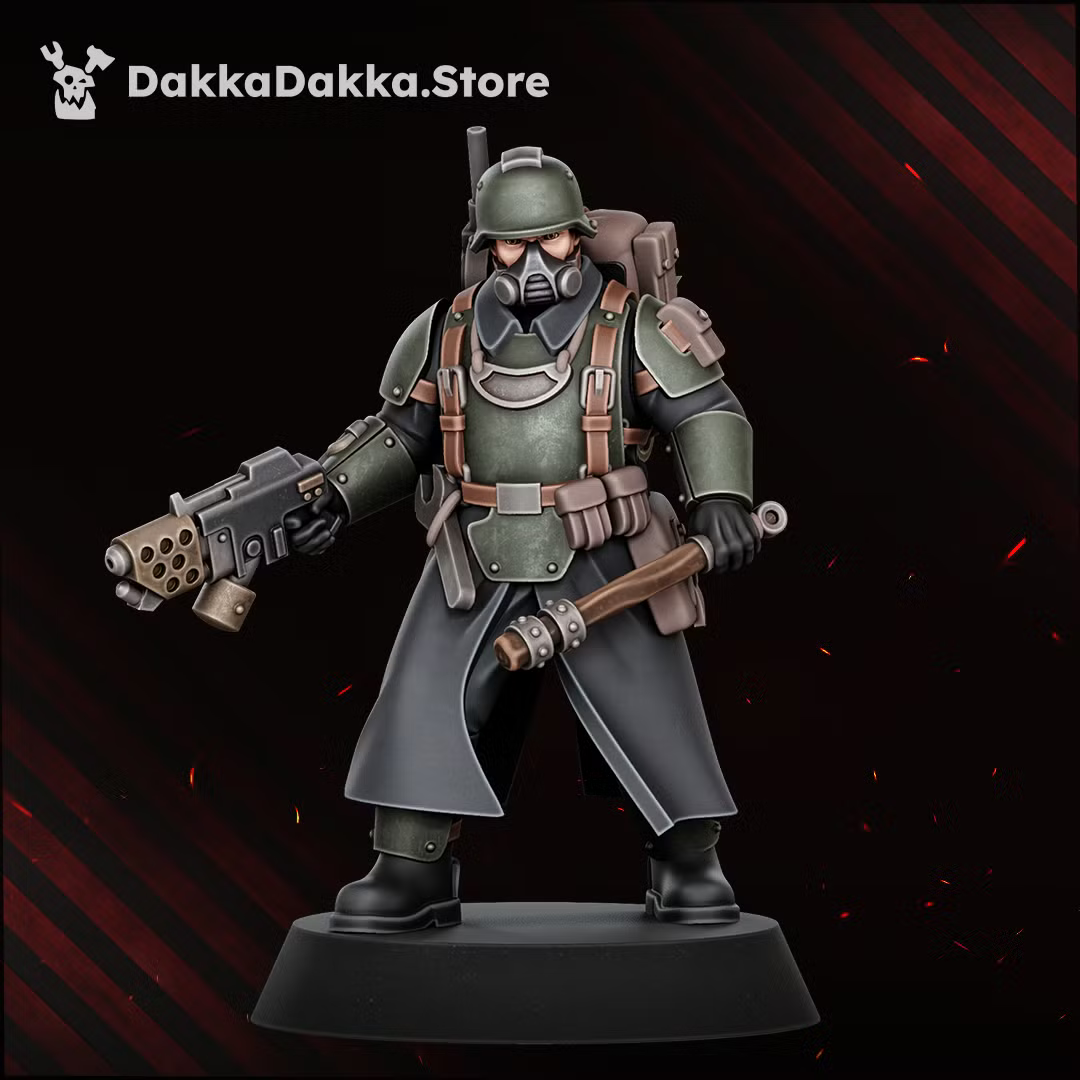 Painted Doomsday Corps Engineer monopose miniature with a compact special weapon and hand tool.