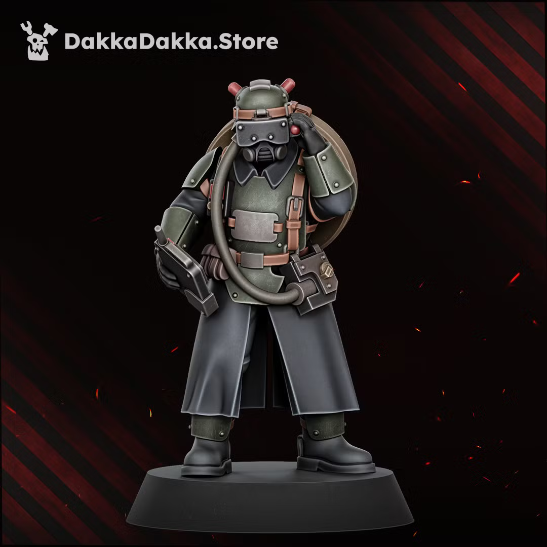 Painted Doomsday Corps Engineer monopose miniature with a large backpack, respirator mask, and engineering equipment.