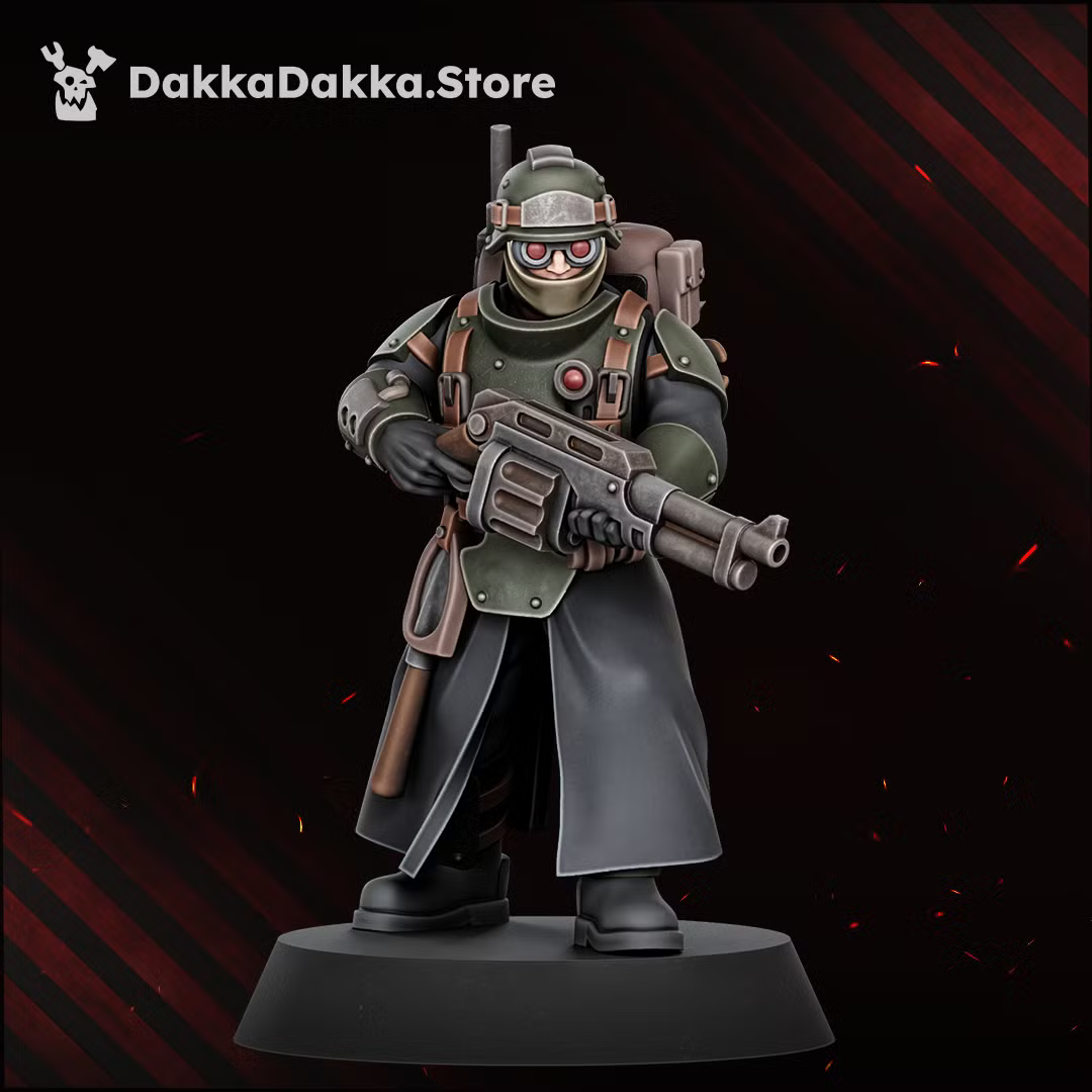 Painted Doomsday Corps Engineer monopose miniature carrying a long-barrel sci-fi weapon.