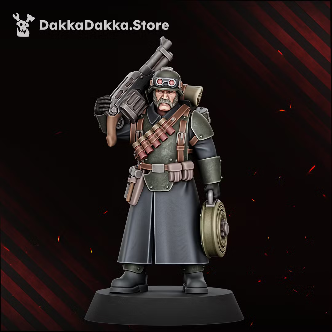 Painted Doomsday Corps Engineer monopose miniature carrying a shoulder-mounted heavy weapon and field gear.