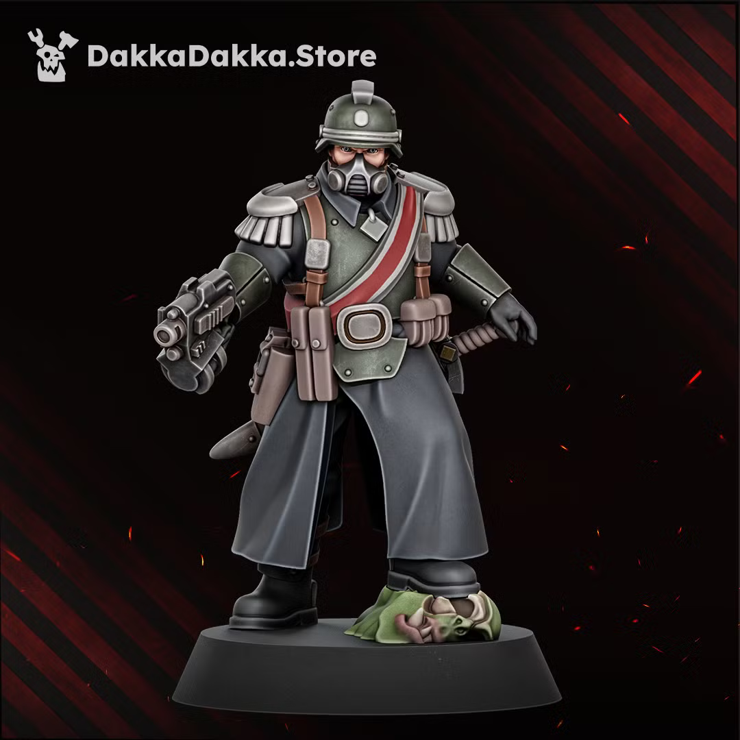 Painted Doomsday Corps Engineer monopose miniature with sidearm, sword, officer-style sash, and scenic base detail.