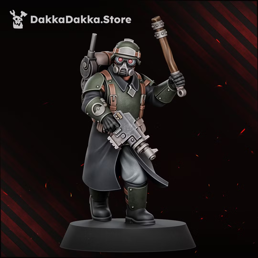 Painted Doomsday Corps Engineer monopose miniature with respirator, backpack, sidearm, and raised hand tool.