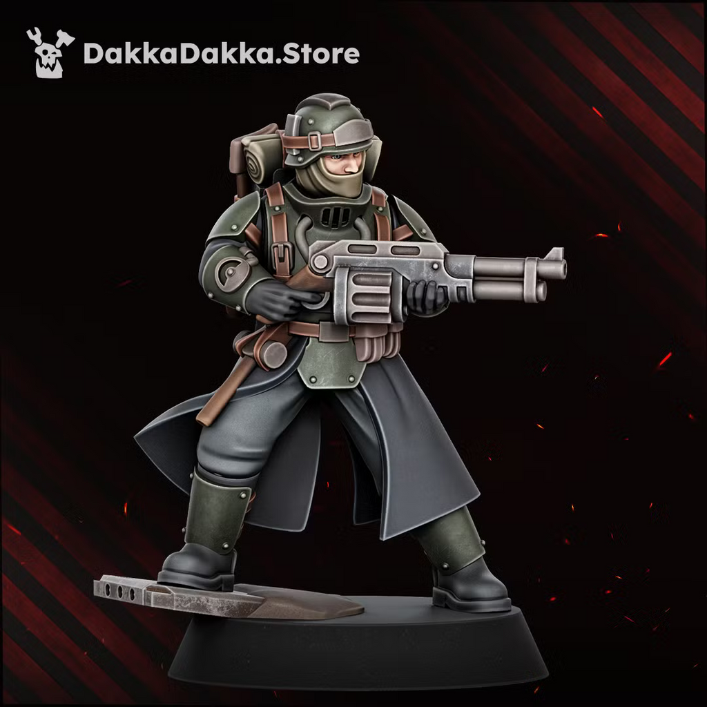 Painted Doomsday Corps Engineer monopose miniature with a heavy sci-fi weapon and engineering tool.