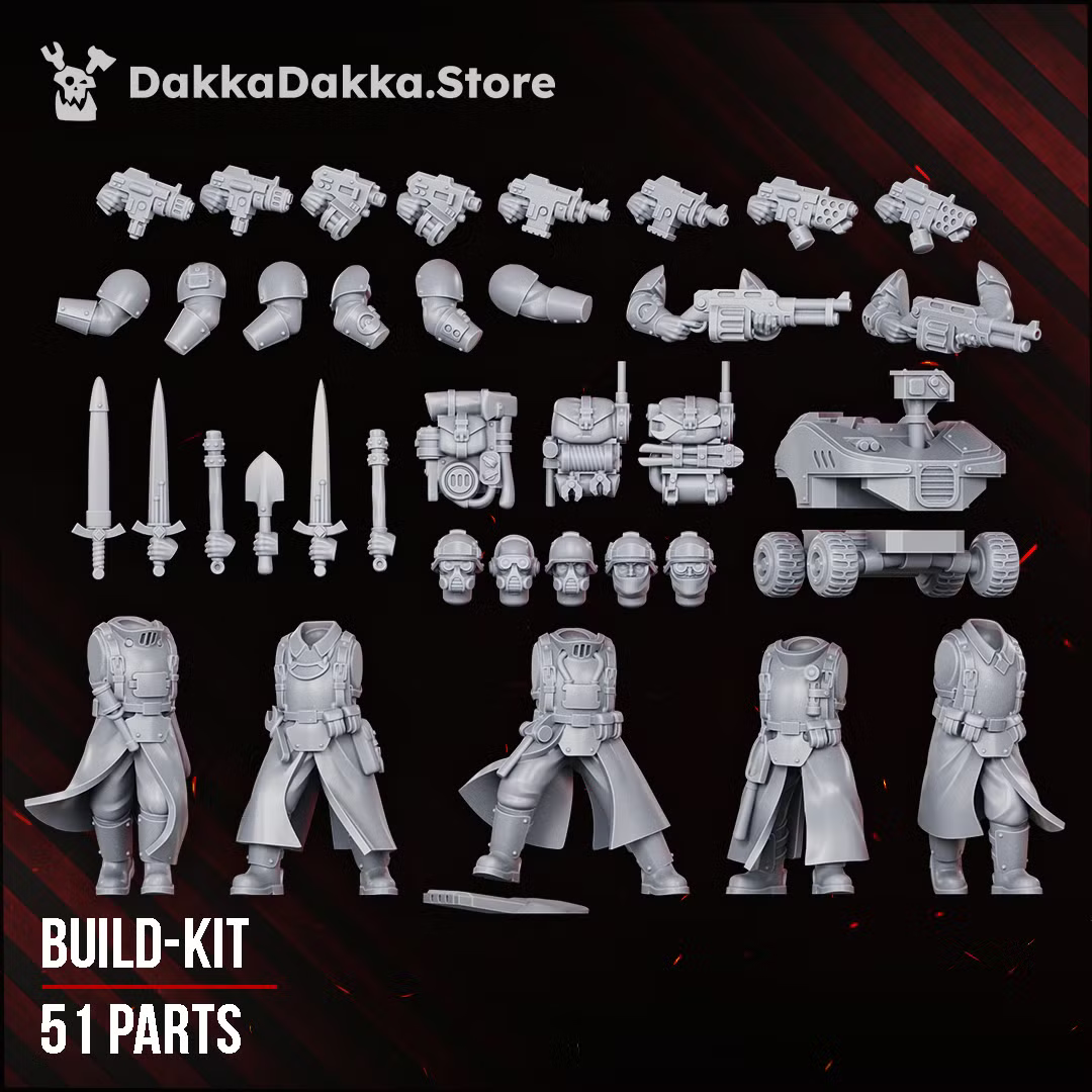 Full 51-part modular build kit for the Doomsday Corps of Engineers, showing bodies, heads, weapons, backpacks, and rover.