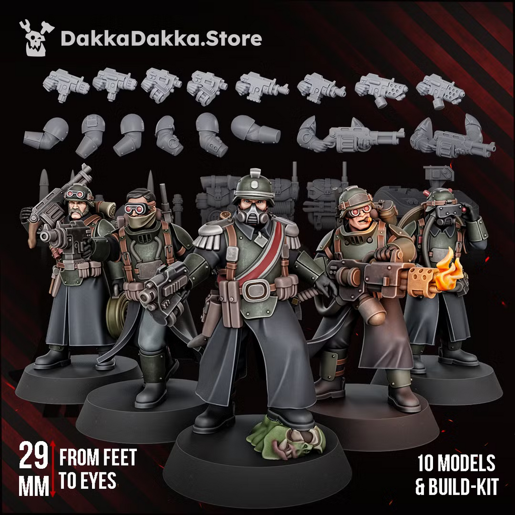 Doomsday Corps of Engineers sci-fi infantry squad, showing modular weapon choices, 29mm feet-to-eyes scale, and the 10-model monopose squad and build-kit options.