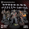 Doomsday Corps of Engineers sci-fi infantry squad, showing modular weapon choices, 29mm feet-to-eyes scale, and the 10-model monopose squad and build-kit options.