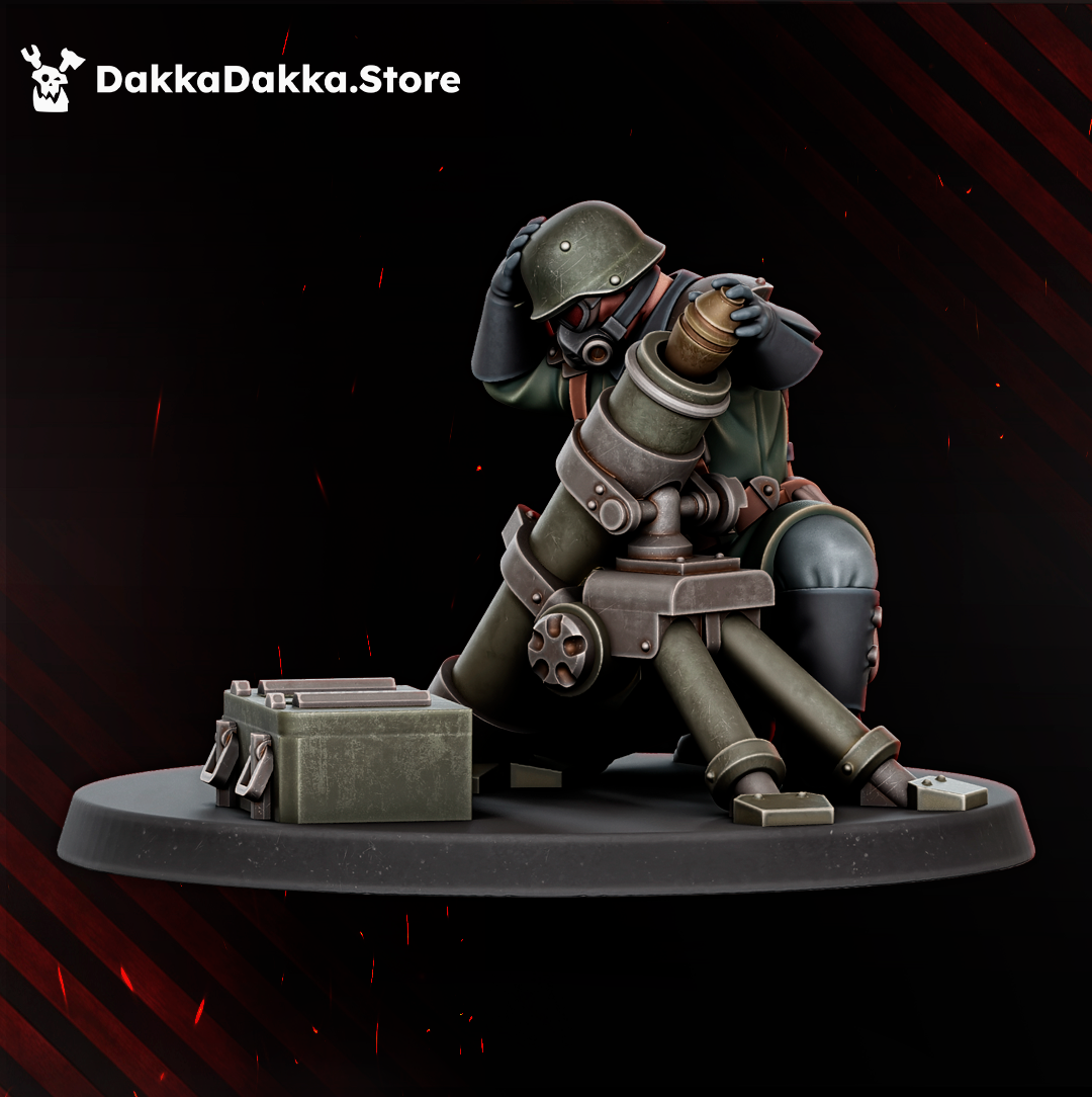 Doomsday Heavy Support mortar team by DakkaDakka, featuring a kneeling sci-fi soldier operating a large mortar with an ammo crate.