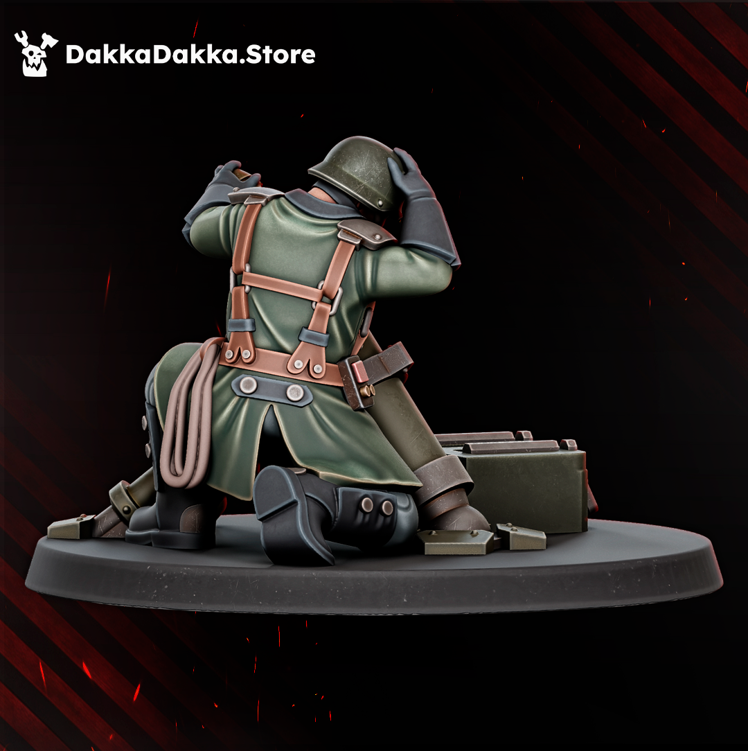 Rear view of the Doomsday Heavy Support mortar crew, showing uniform details, equipment straps, mortar base, and battlefield crate.