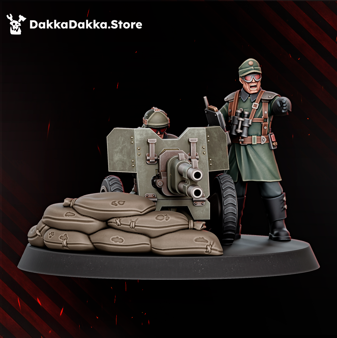 Doomsday Heavy Fire Support weapon team with sandbag cover, wheeled artillery cannon, and officer miniature directing fire.