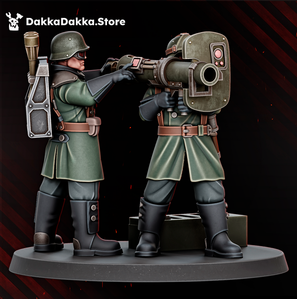 Doomsday Heavy Support weapon crew with launcher equipment, armored helmets, green coats, and detailed sci-fi military gear.