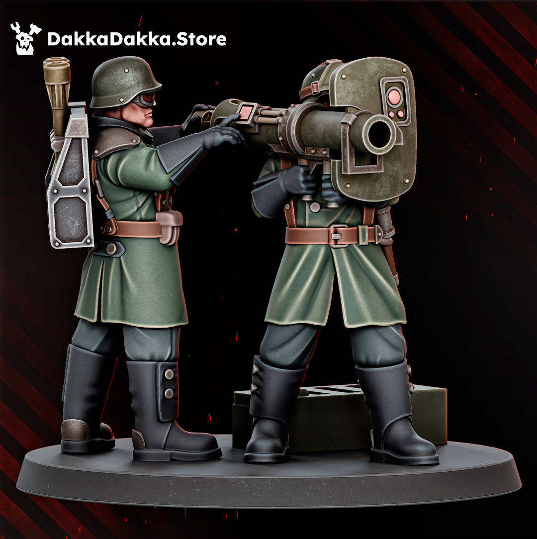 Doomsday Heavy Support weapon crew with launcher equipment, armored helmets, green coats, and detailed sci-fi military gear.