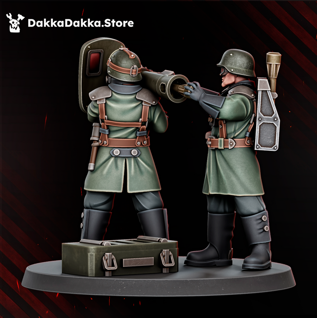 Rear view of Doomsday Heavy Support crew by DakkaDakka, showing two sci-fi soldiers operating a large shoulder-fired heavy weapon.