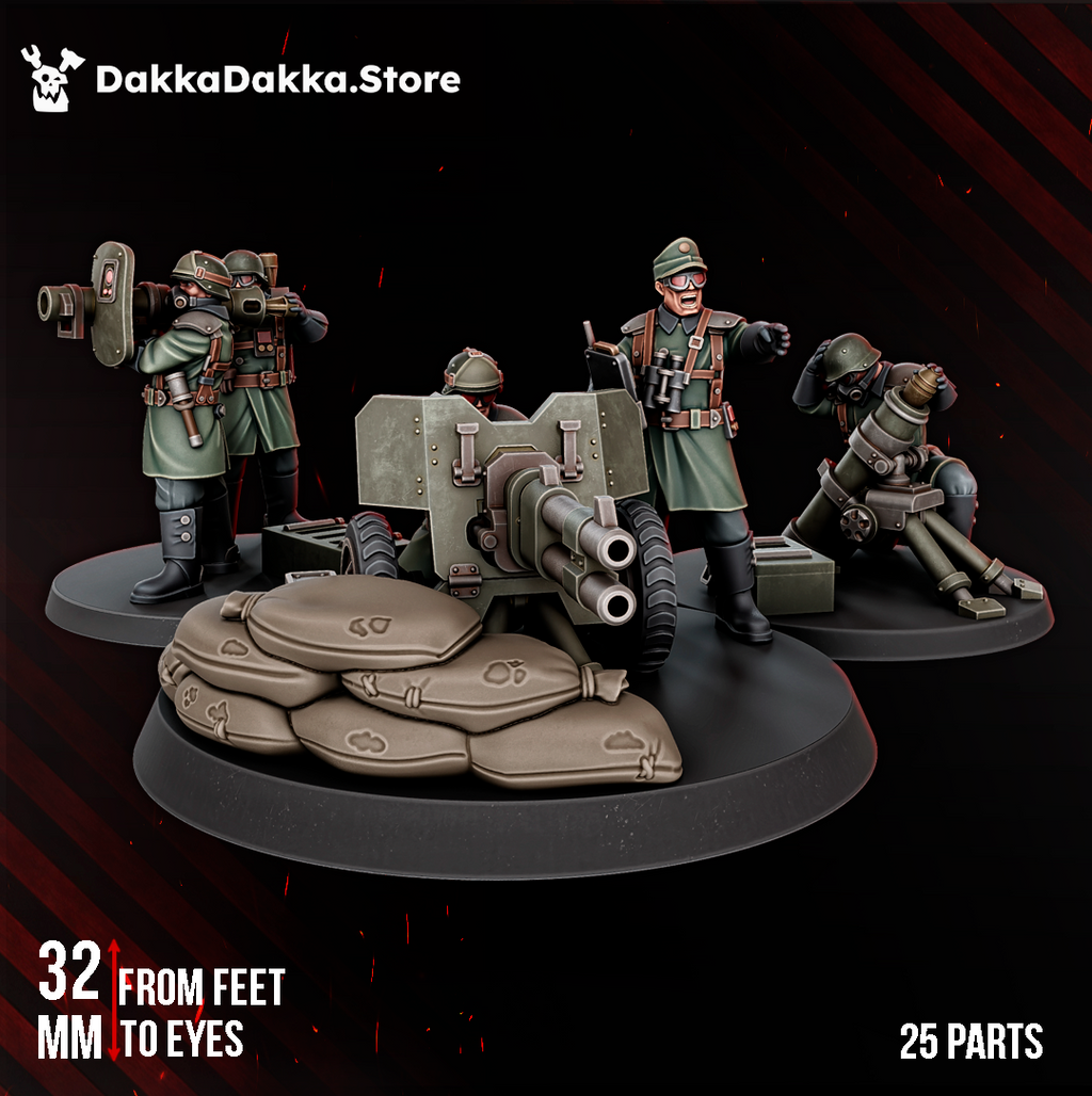 Doomsday Heavy Fire Support Squad by DakkaDakka, showing sci-fi heavy weapon teams with artillery, mortar crew, sandbags, crates, and 32mm infantry details.