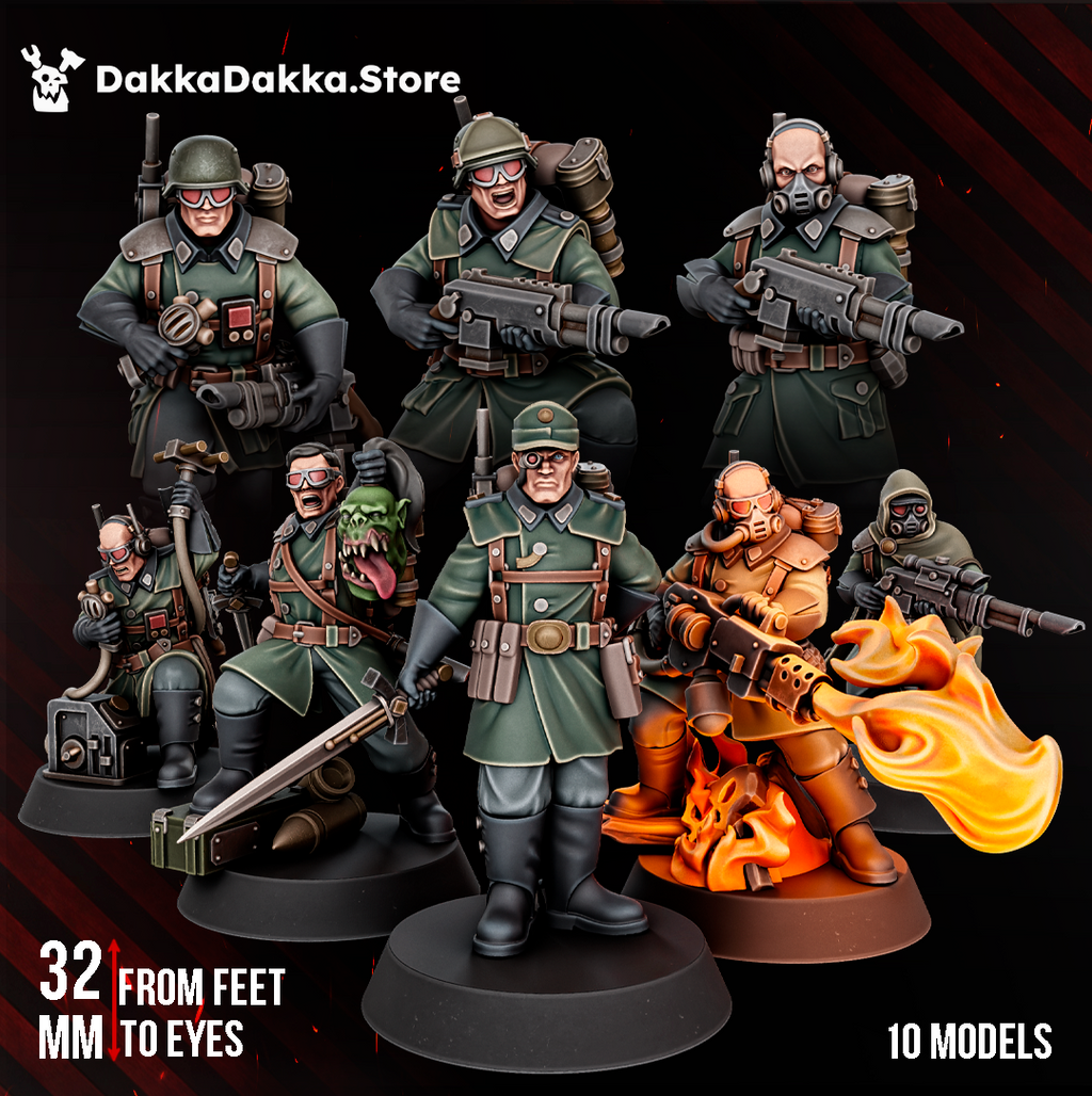 Painted example of the Doomsday Infantry Squad by DakkaDakka, showing 10 post-apocalyptic sci-fi infantry miniatures with green coats, masks, weapons, and specialist poses.