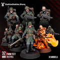 Painted example of the Doomsday Infantry Squad by DakkaDakka, showing 10 post-apocalyptic sci-fi infantry miniatures with green coats, masks, weapons, and specialist poses.