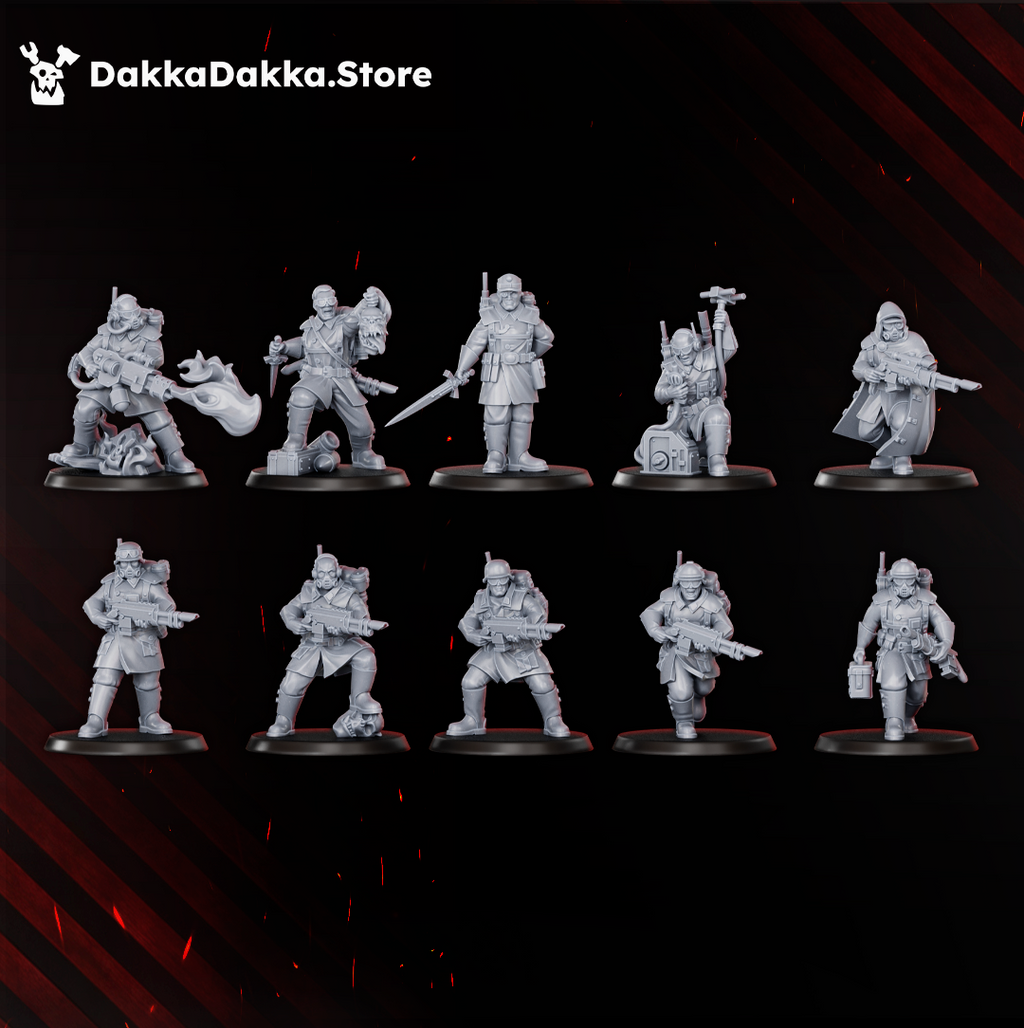 Doomsday Infantry Squad by DakkaDakka, showing 10 sci-fi resin infantry miniatures with gas masks, coats, rifles, specialist gear, and post-apocalyptic battlefield style.