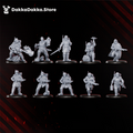 Doomsday Infantry Squad by DakkaDakka, showing 10 sci-fi resin infantry miniatures with gas masks, coats, rifles, specialist gear, and post-apocalyptic battlefield style.