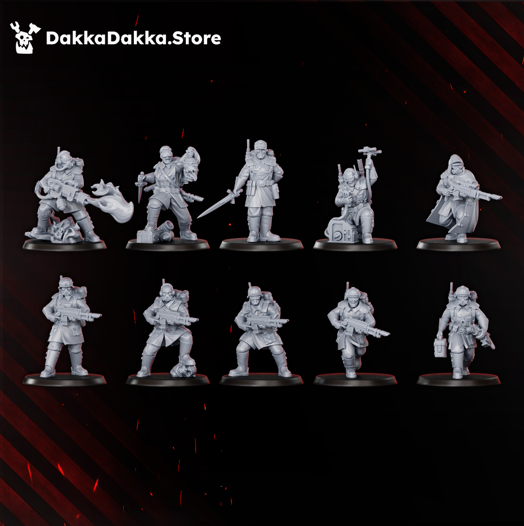 Doomsday Infantry Squad by DakkaDakka, showing 10 sci-fi resin infantry miniatures with gas masks, coats, rifles, specialist gear, and post-apocalyptic battlefield style.