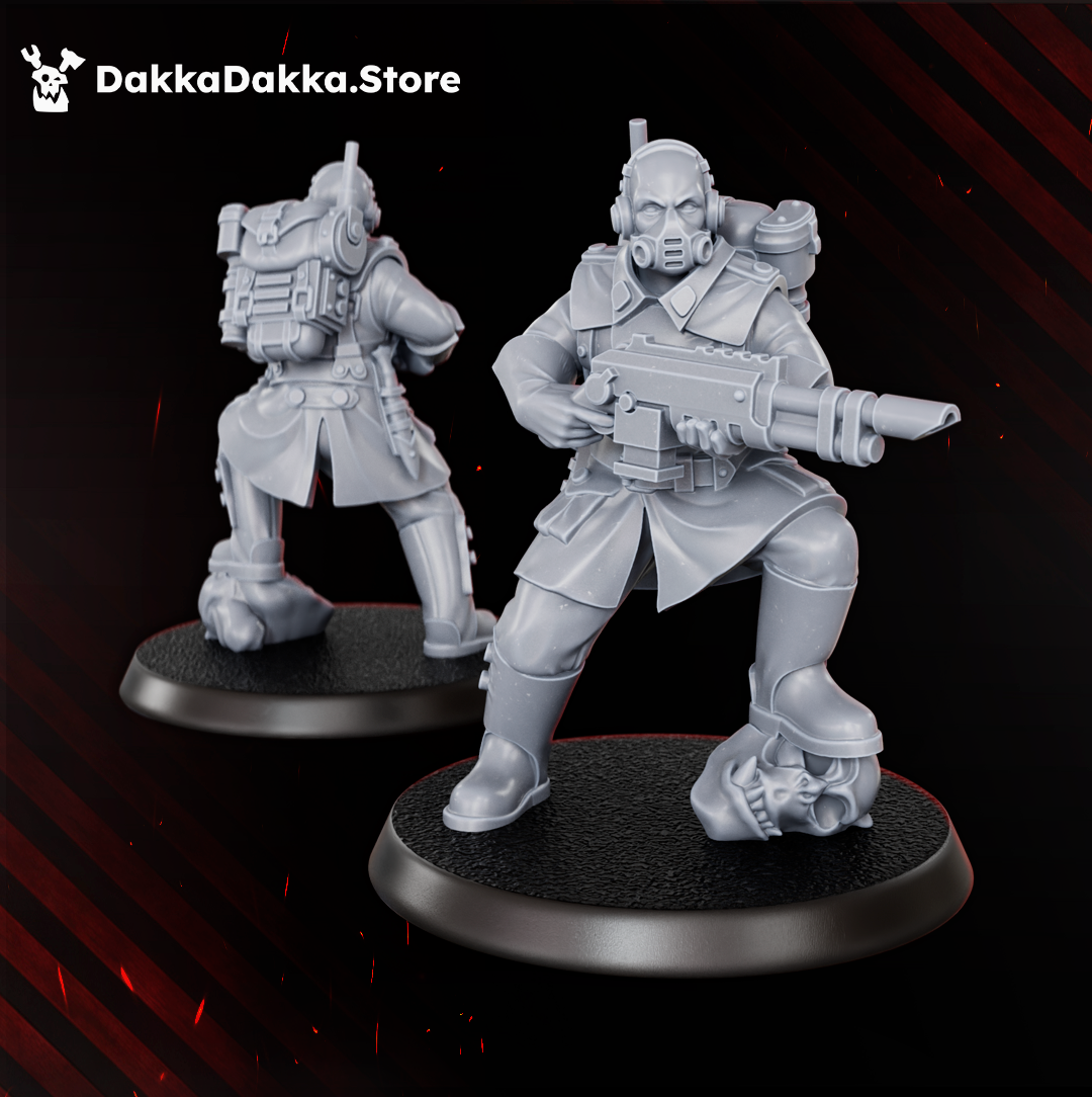 Doomsday Infantry flamethrower specialist by DakkaDakka, wearing goggles, field gear, and firing a flame weapon over a skull-detailed base.