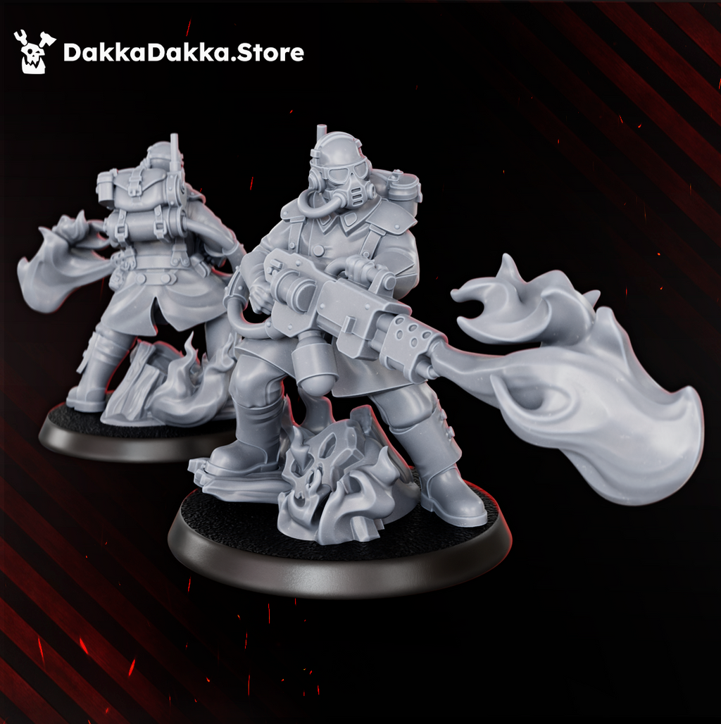 Doomsday Infantry flame weapon specialist by DakkaDakka, wearing a respirator and firing a large flame projector across the battlefield.