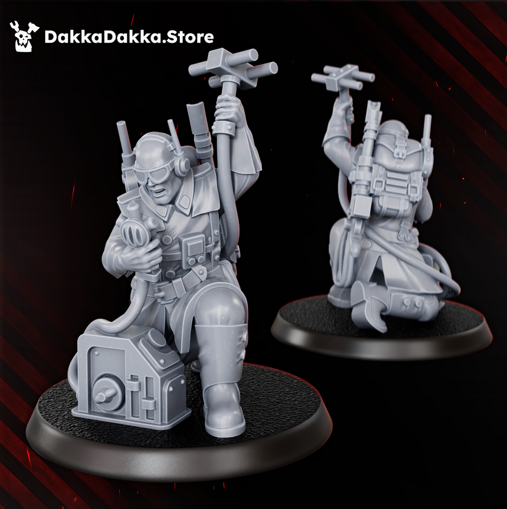 Doomsday Infantry communications specialist by DakkaDakka, kneeling with radio equipment, antenna gear, and battlefield electronics.
