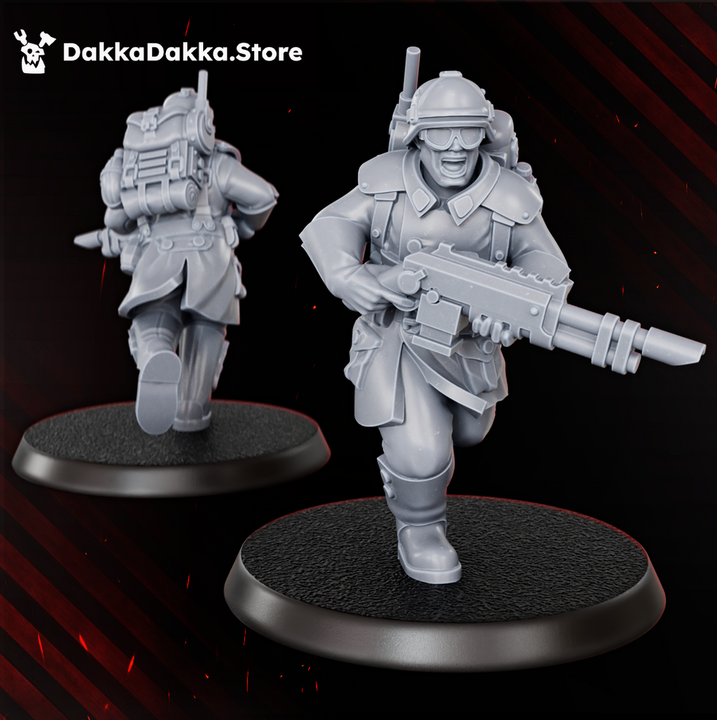 Doomsday Infantry running rifleman by DakkaDakka, charging forward with a sci-fi weapon, helmet, goggles, and backpack gear.