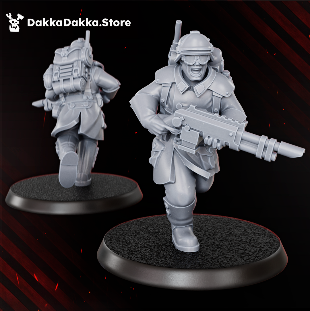 Doomsday Infantry running rifleman by DakkaDakka, charging forward with a sci-fi weapon, helmet, goggles, and backpack gear.