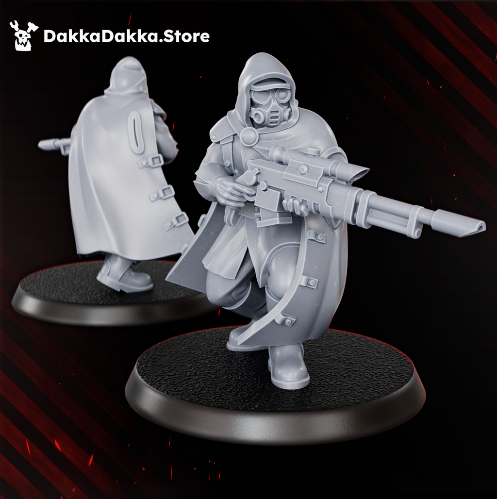 Doomsday Infantry gas mask trooper by DakkaDakka, aiming a heavy sci-fi rifle while wearing a hooded coat and respirator mask.