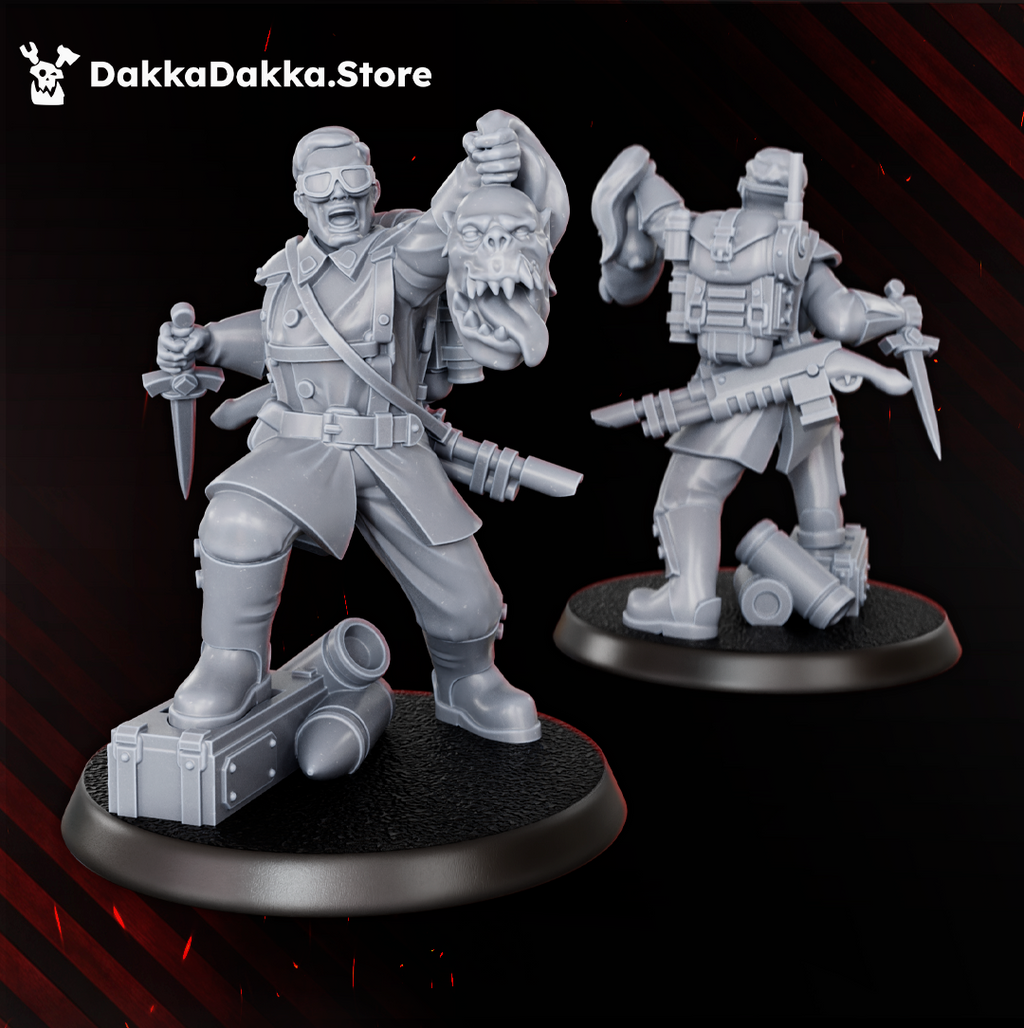 Doomsday Infantry trophy carrier by DakkaDakka, holding a blade and a severed creature head with field gear and scattered equipment.