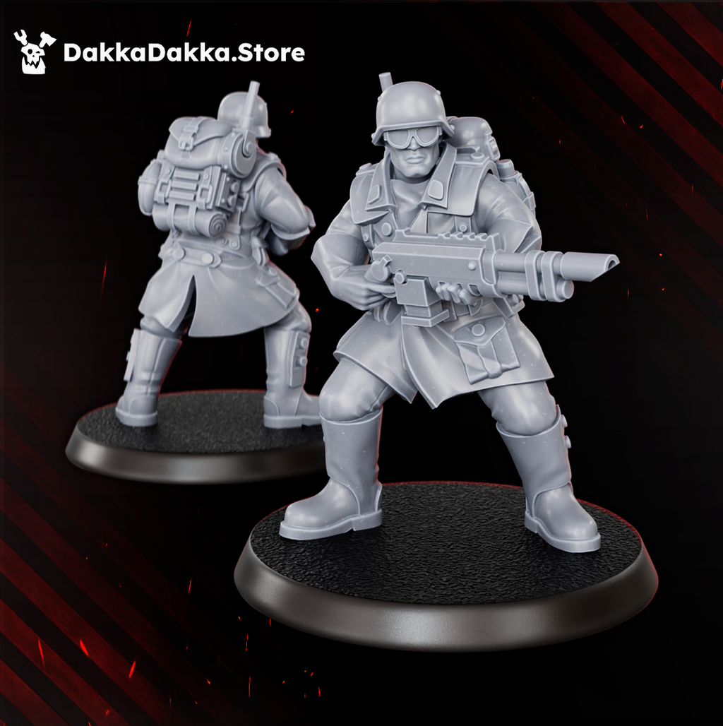 Doomsday Infantry rifleman by DakkaDakka, wearing a helmet, goggles, backpack, and heavy coat while holding a sci-fi rifle.