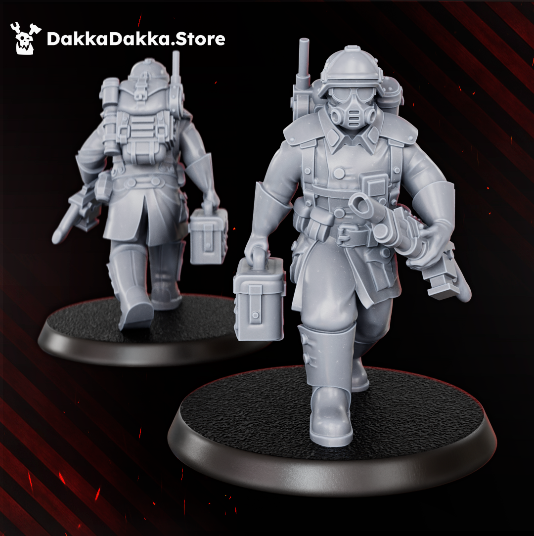 Doomsday Infantry supply runner by DakkaDakka, carrying a case and weapon while wearing goggles, helmet, and field equipment.