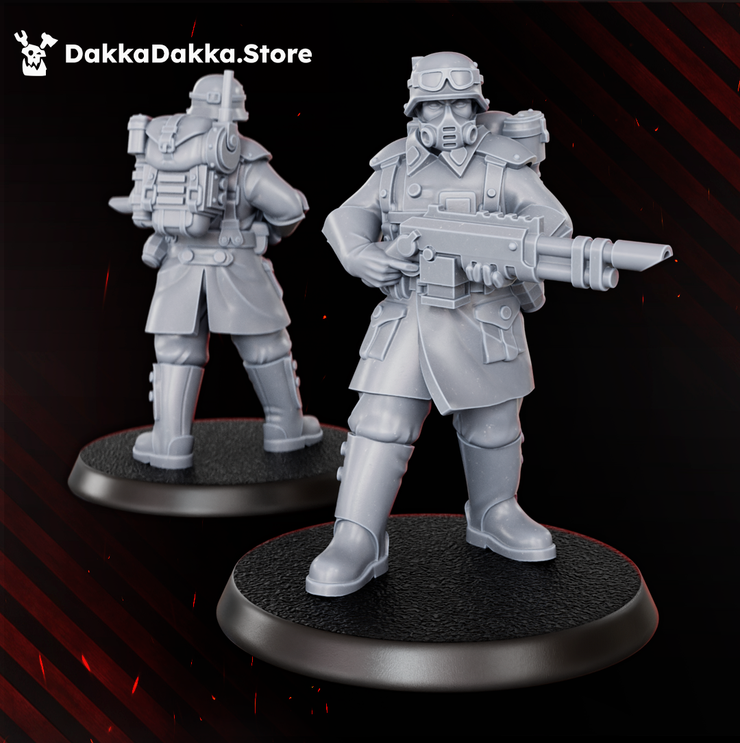 Doomsday Infantry rifleman by DakkaDakka, wearing a helmet, goggles, backpack, and heavy coat while holding a sci-fi rifle.
