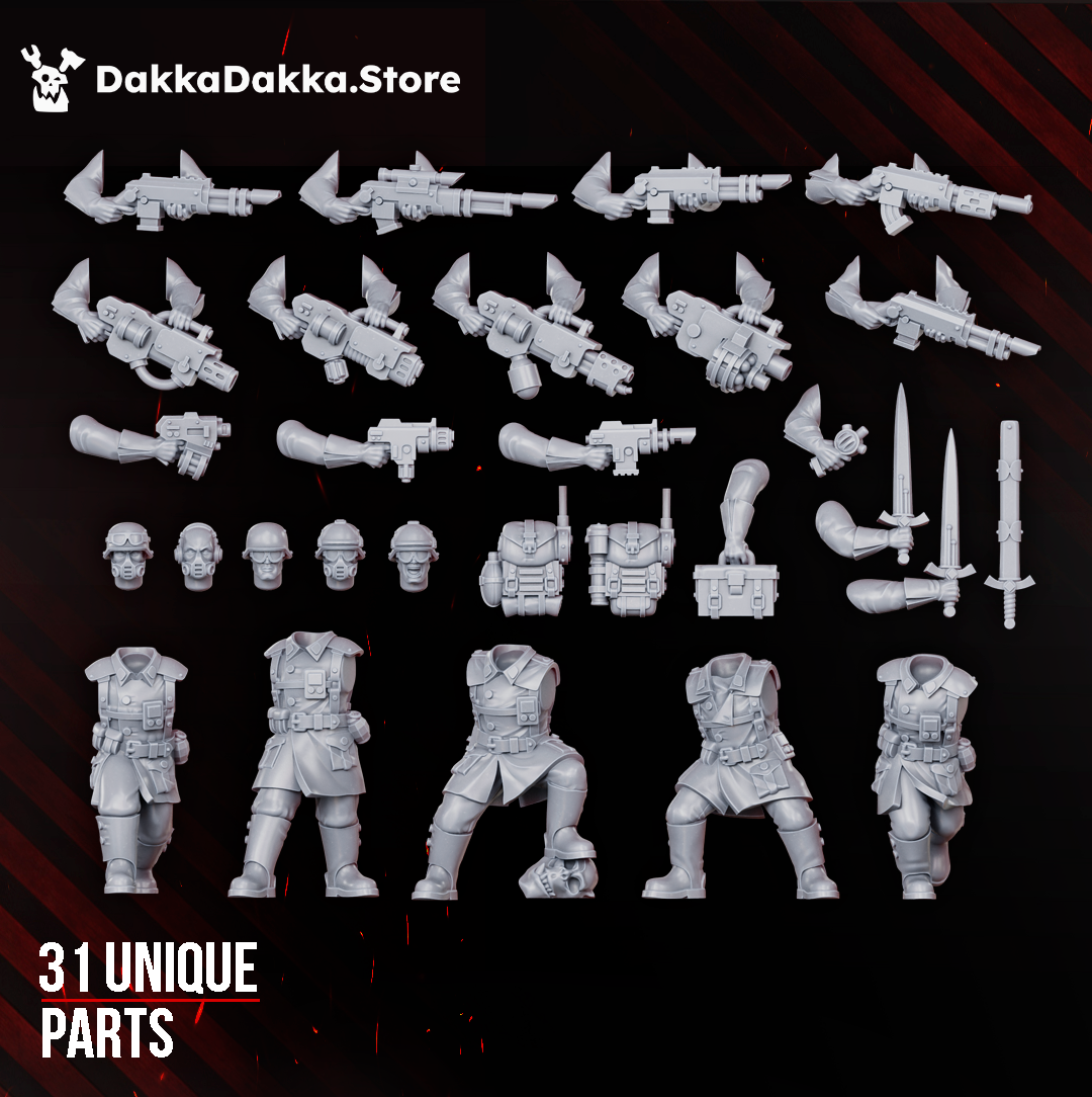 DakkaDakka Doomsday Infantry Squad modular parts layout with 31 unique resin components, including sci-fi infantry heads, bodies, weapons, arms, backpacks, and accessories.