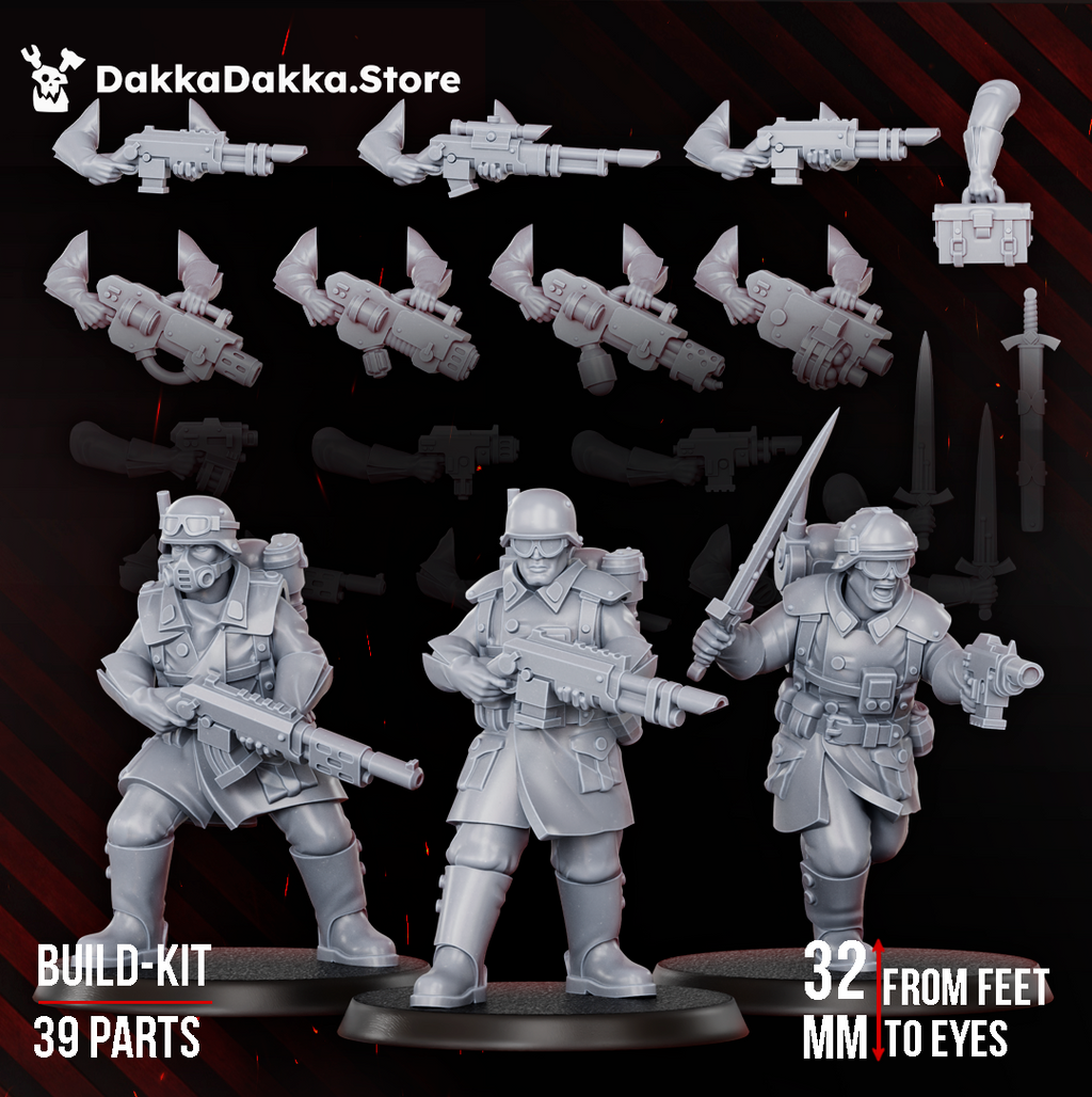 Doomsday Infantry Squad modular kit by DakkaDakka, showing 5 sci-fi infantry miniatures with weapon options, 39 parts, and 32mm scale.