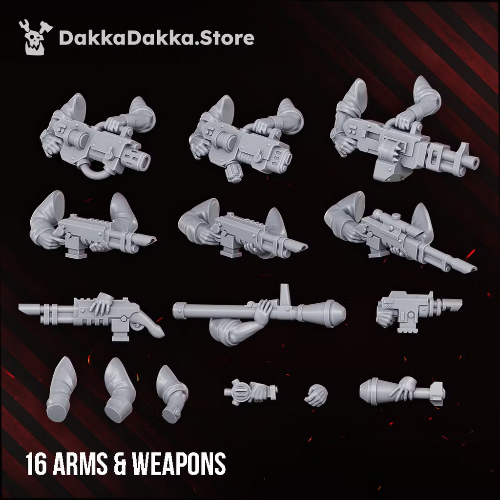 Sixteen modular arms and weapons for the Doomsday Veterans Brigade build kit, including firearms, heavy weapons, sidearms, and specialist equipment.