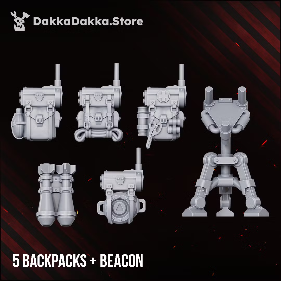 Five modular backpacks and a battlefield beacon for the Doomsday Veterans Brigade build kit.