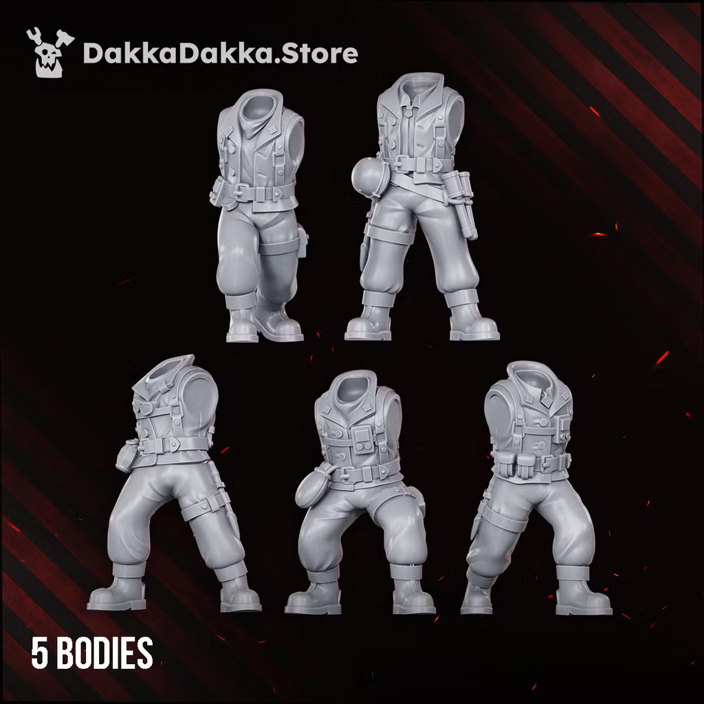 Five modular bodies for the Doomsday Veterans Brigade build kit, showing varied infantry poses and uniforms.