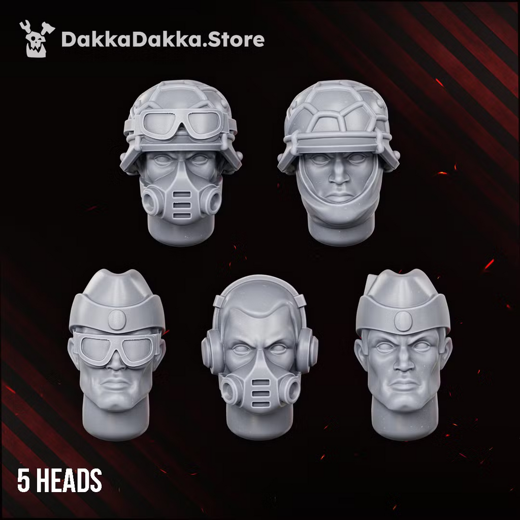Five modular heads for the Doomsday Veterans Brigade build kit, including helmeted, masked, goggled, and bare-headed options.