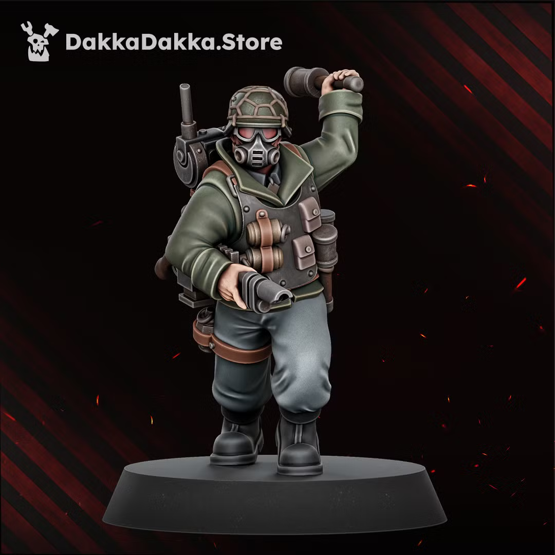 Painted Doomsday Veteran monopose miniature with sidearm, raised hand, field pack, and armored uniform
