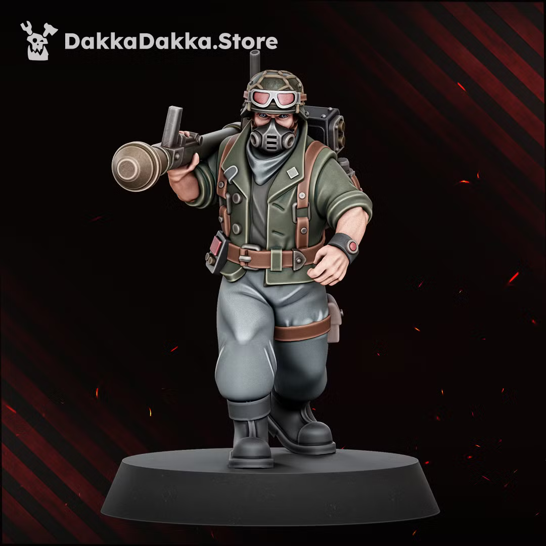 Painted Doomsday Veteran monopose miniature with sidearm, hand-held battlefield device, and field pack.