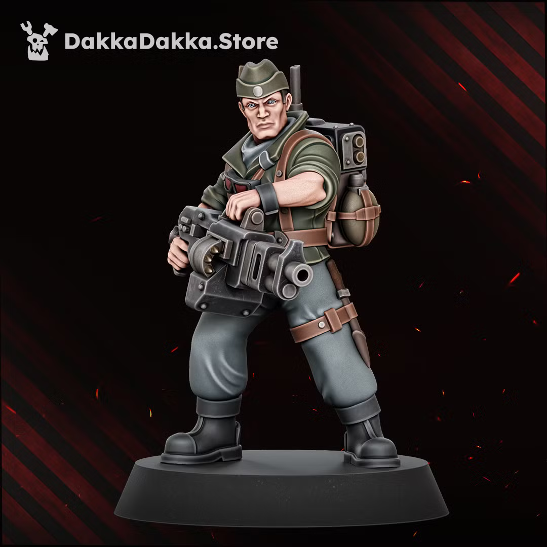 Painted Doomsday Veteran monopose miniature carrying a heavy sci-fi weapon and field pack.